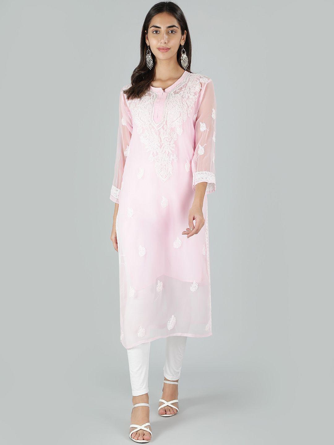 ethnava women pink floral embroidered keyhole neck cold-shoulder sleeves chikankari handloom georgette kurta