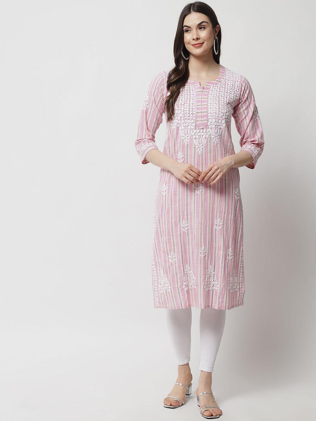 ethnava women pink geometric checked keyhole neck thread work handloom kurta