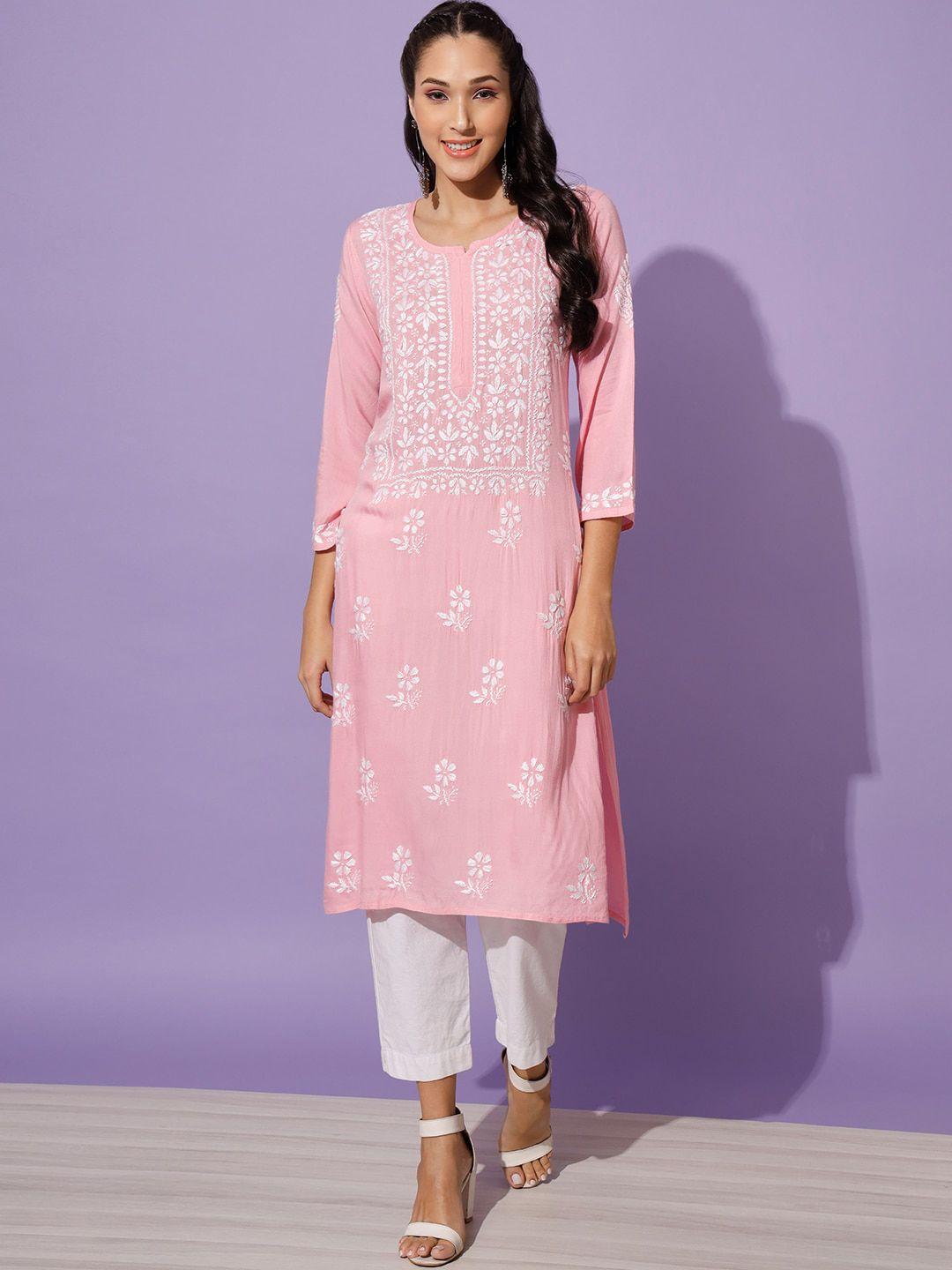 ethnava women pink geometric embroidered chikankari handloom kurta