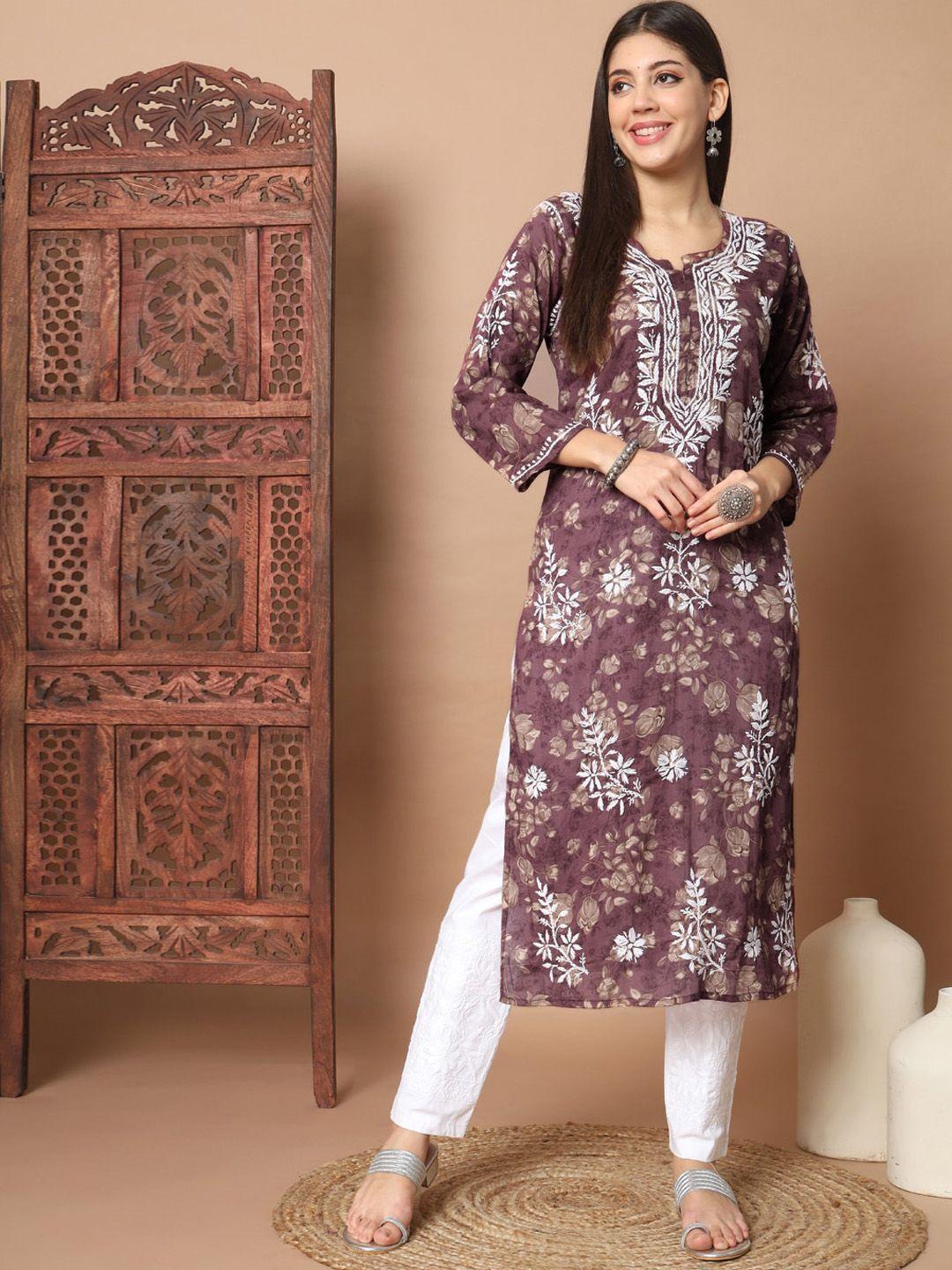 ethnava women purple ethnic motifs embroidered regular chikankari kurta with palazzos