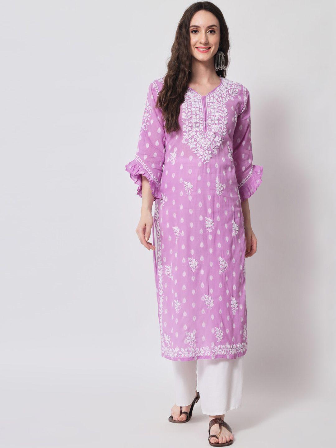 ethnava women purple floral embroidered flared sleeves chikankari handloom kurta