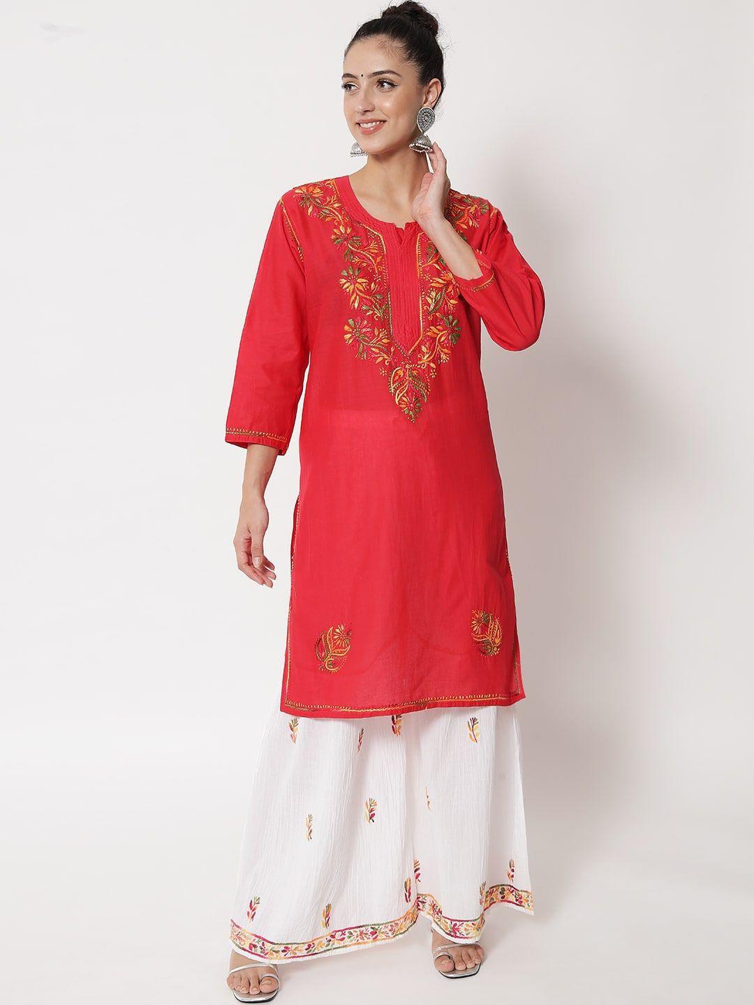 ethnava women red ethnic motifs embroidered thread work handloom kurta