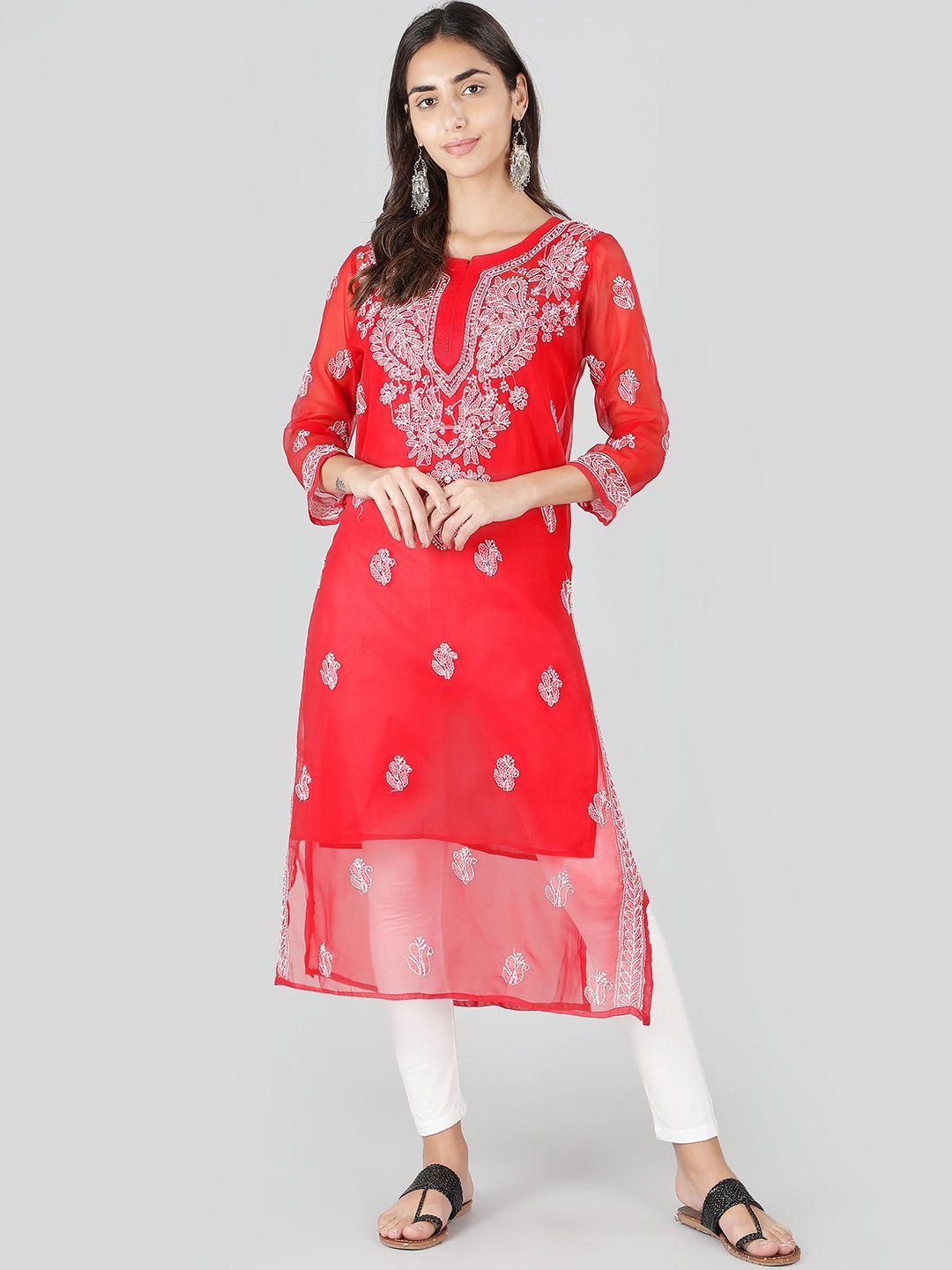 ethnava women red ethnic motifs printed keyhole neck flared sleeves thread work handloom georgette kurta