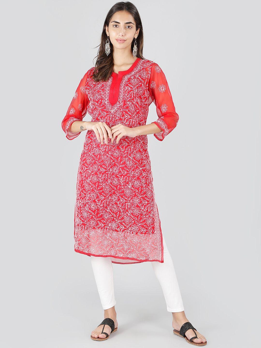 ethnava women red ethnic motifs printed sequinned handloom georgette kurta