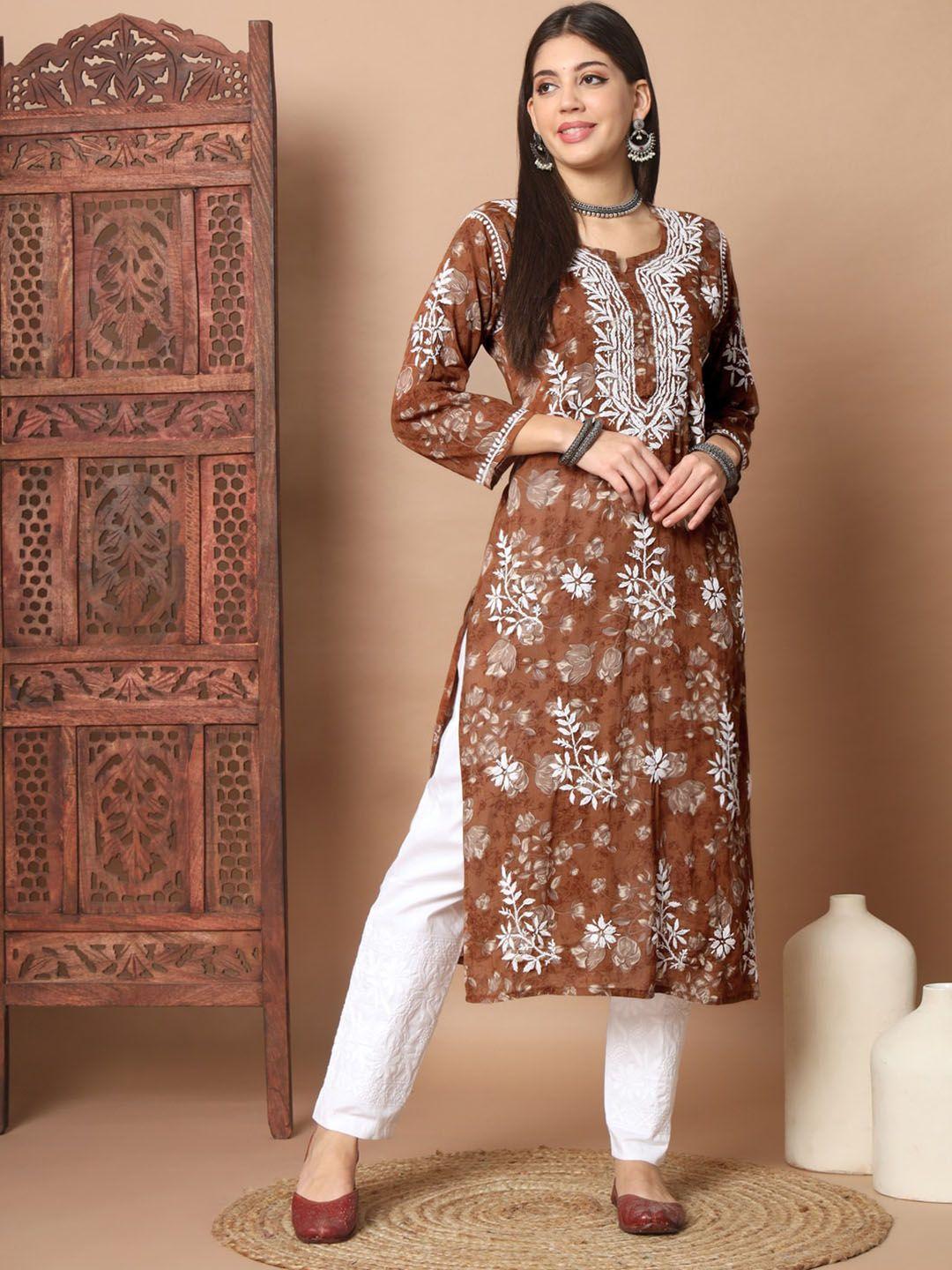 ethnava women rust ethnic motifs embroidered regular chikankari kurta with palazzos