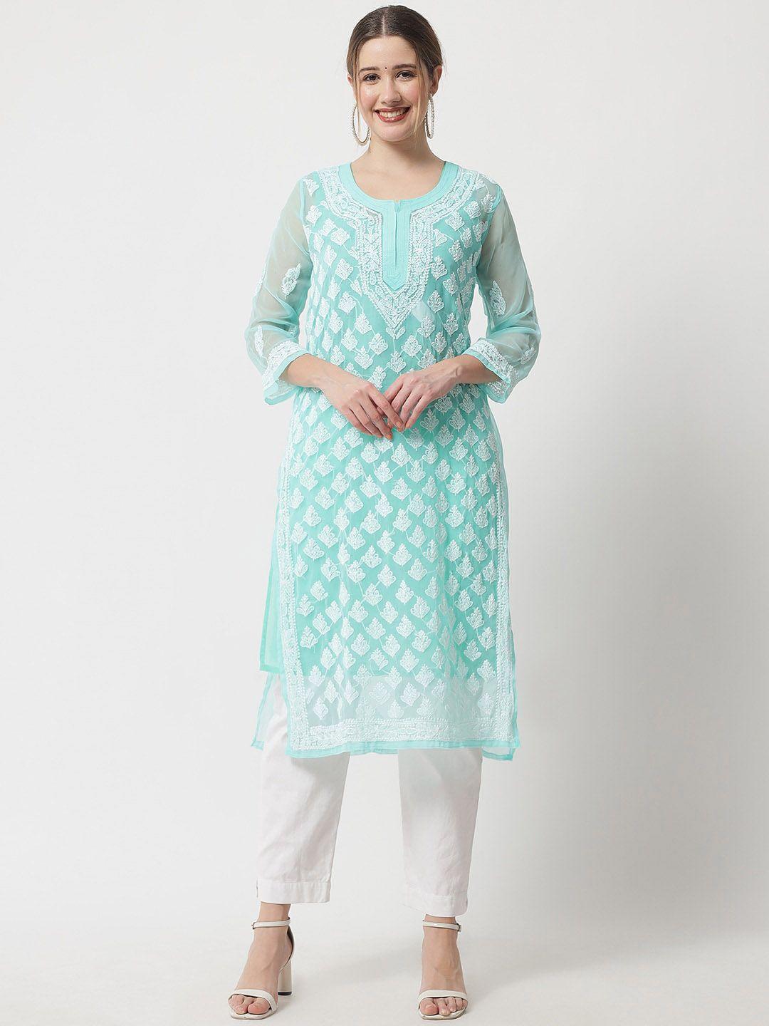 ethnava women sea green ethnic motifs embroidered flared sleeves chikankari handloom georgette kurta