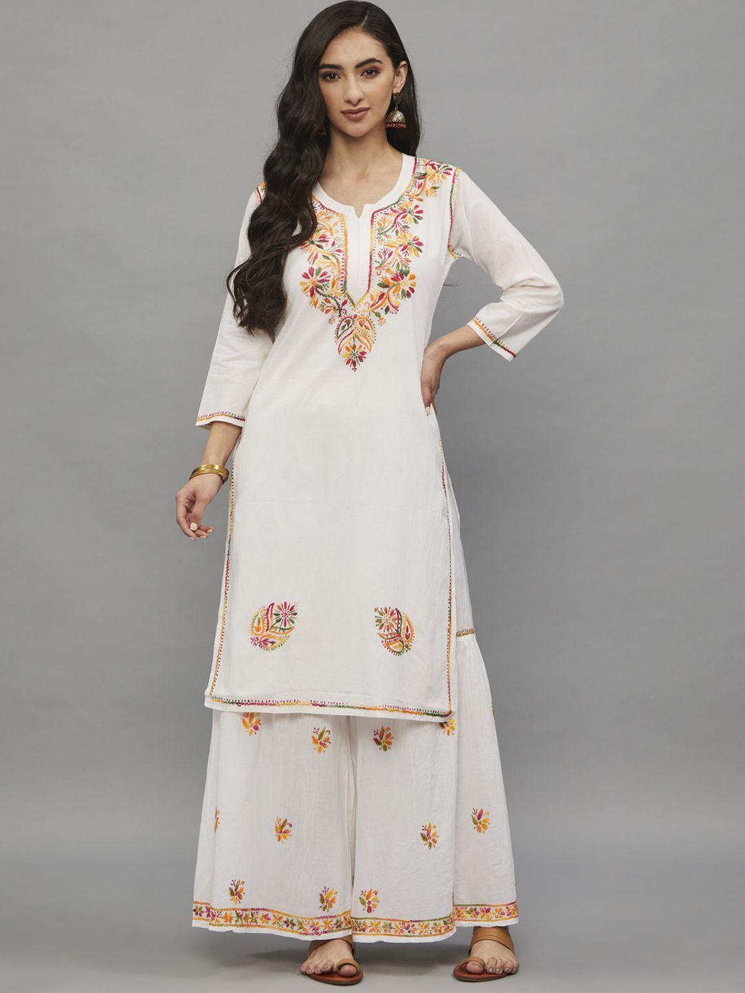 ethnava women white ethnic motifs embroidered thread work handloom kurta