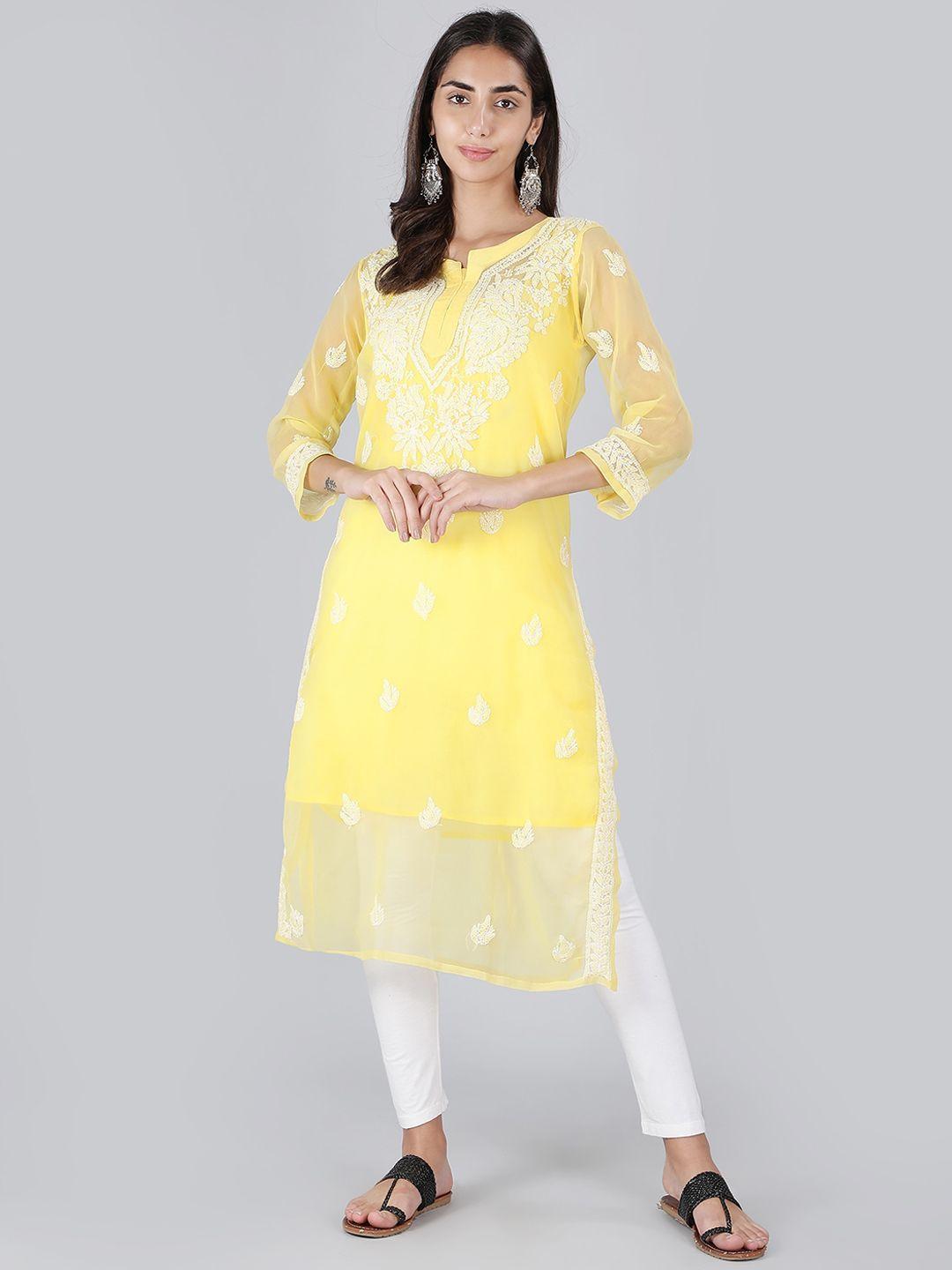 ethnava women yellow embroidered flared sleeves chikankari handloom georgette kurta