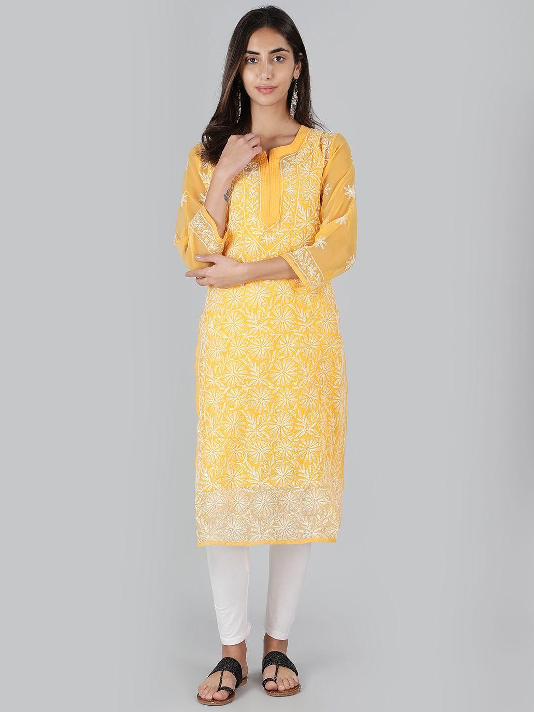 ethnava women yellow embroidered flared sleeves sequinned handloom georgette kurta