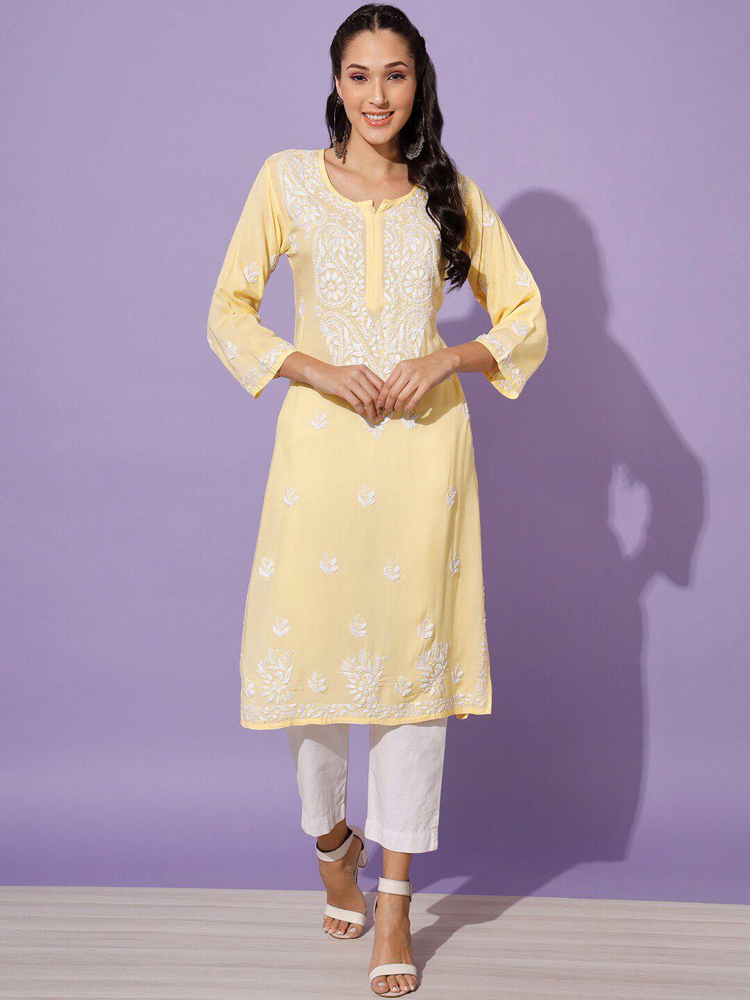 ethnava women yellow ethnic motifs embroidered flared sleeves chikankari handloom kurta