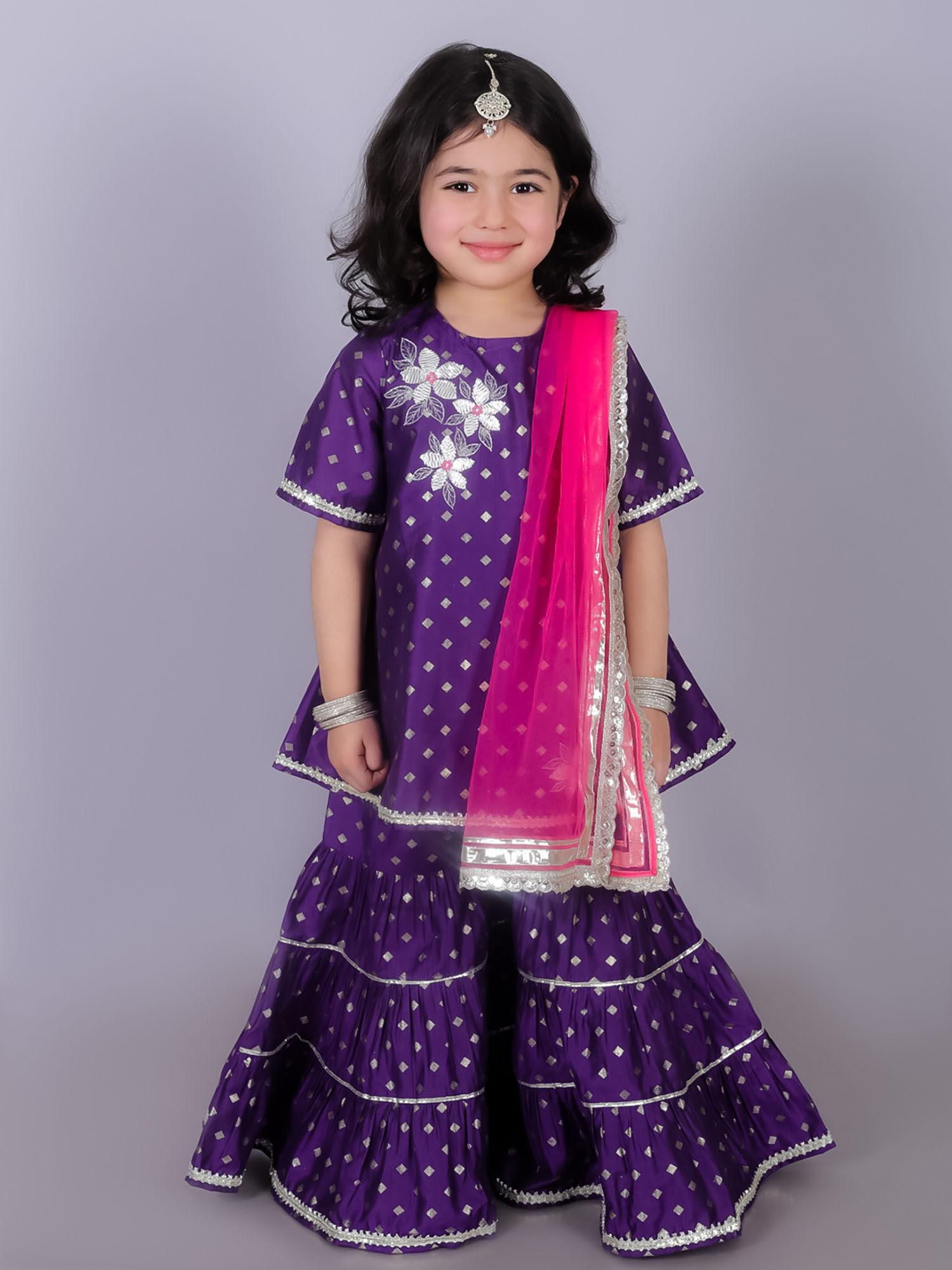 ethnic girls purple kurta sharara with dupatta (set of 3)