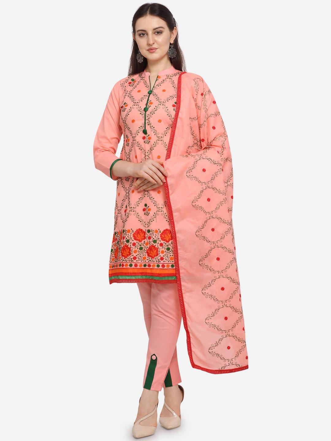 ethnic junction women peach embroidered cotton blend unstitched dress material