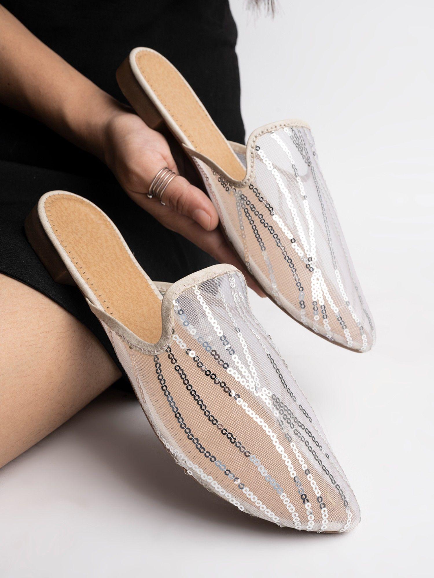 ethnic silver mules for women