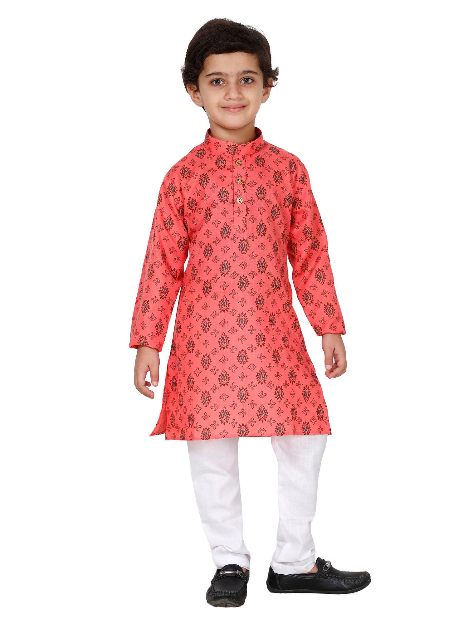 ethnic wear coral printed kurta pyjama for boys (set of 2)