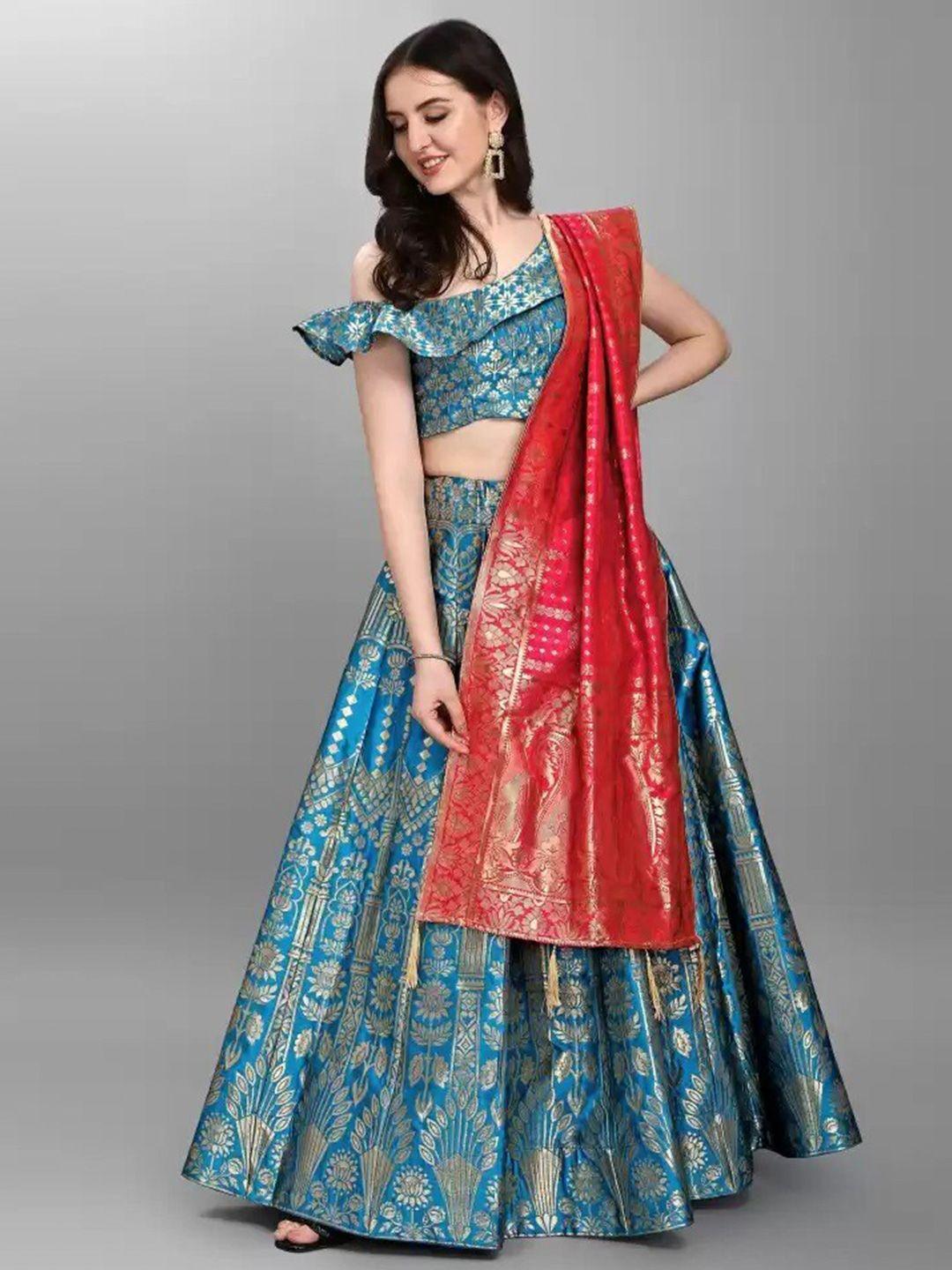 ethnic yard blue & red printed semi-stitched lehenga & unstitched blouse with dupatta