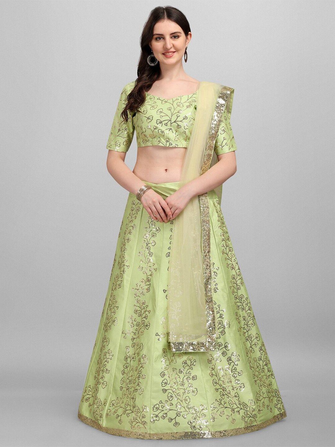 ethnic yard green & gold-toned embroidered sequinned semi-stitched lehenga & unstitched blouse with dupatta