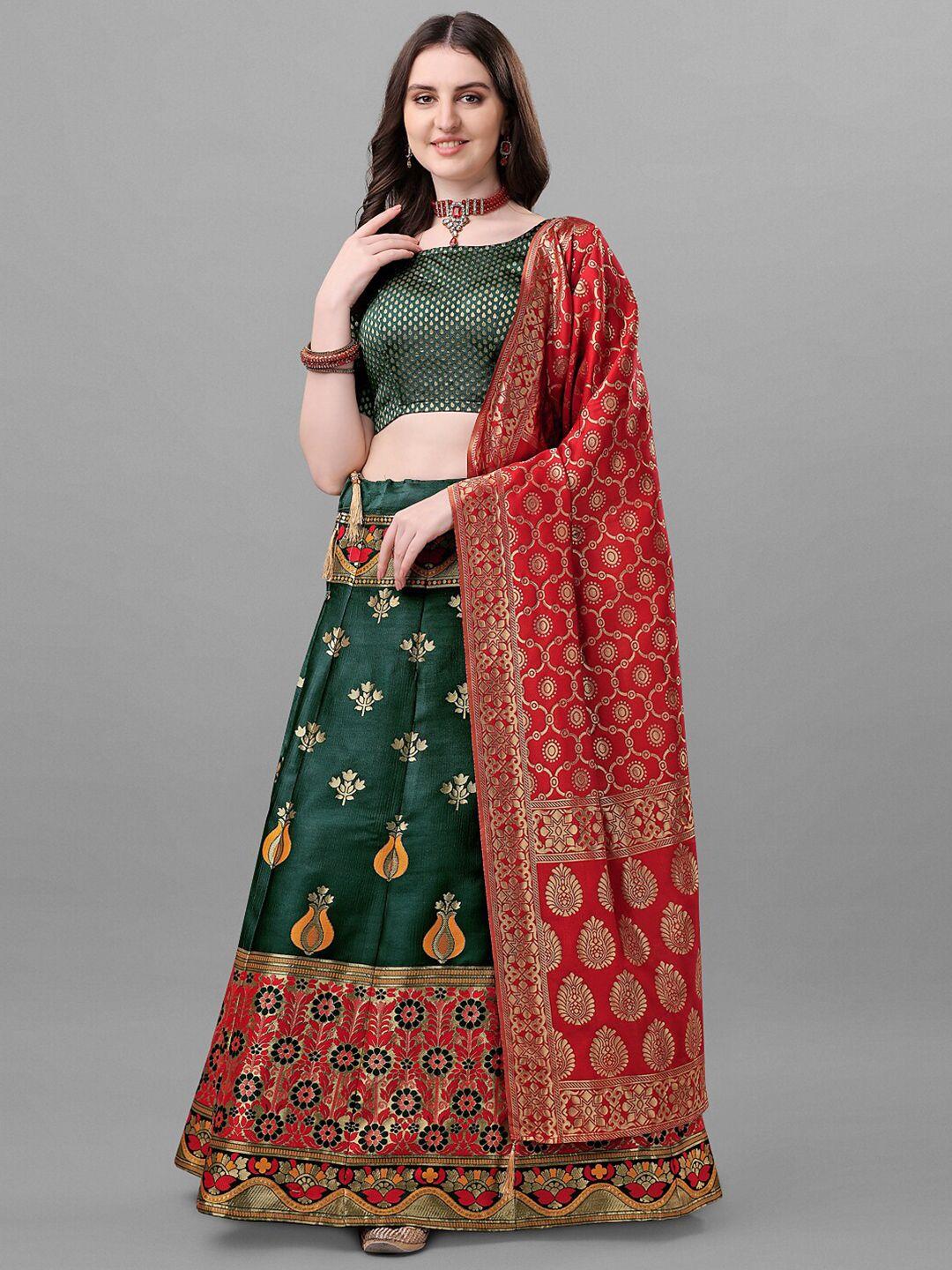 ethnic yard green & red semi-stitched lehenga & unstitched blouse with dupatta