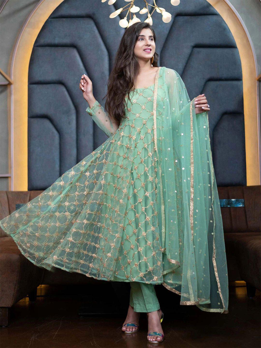 ethnic yard green embroidered semi-stitched dress material