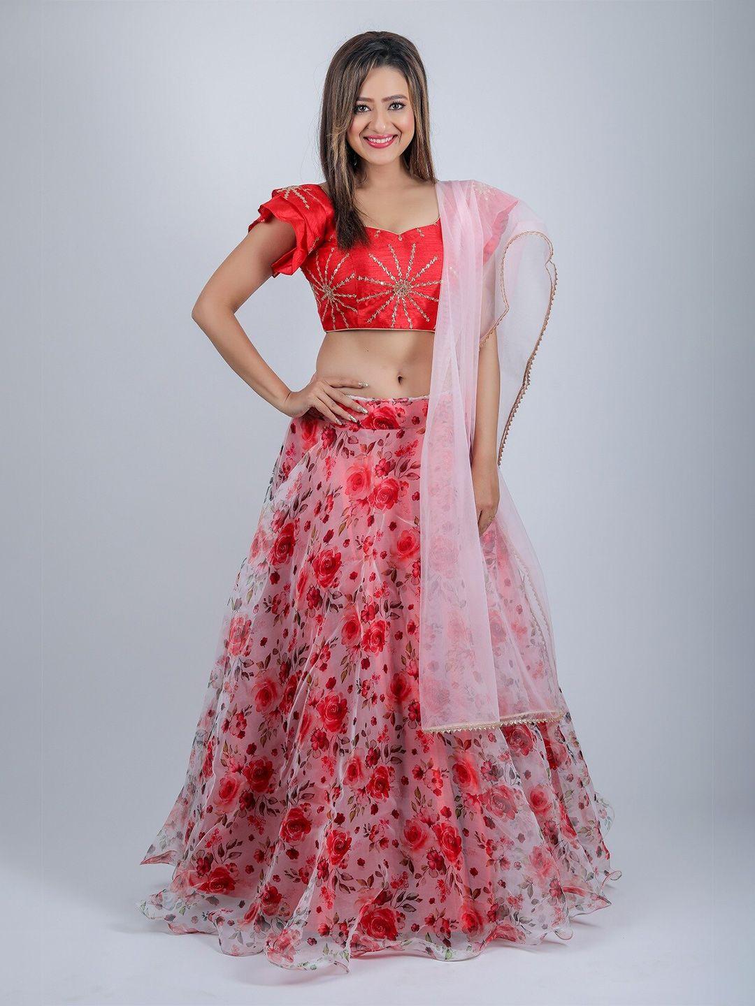 ethnic yard red & pink embroidered semi-stitched lehenga & unstitched blouse with dupatta