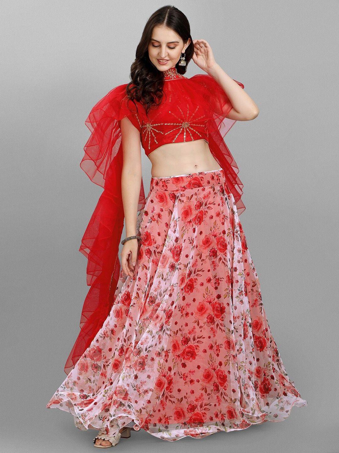 ethnic yard red & white embroidered semi-stitched lehenga & unstitched blouse with dupatta