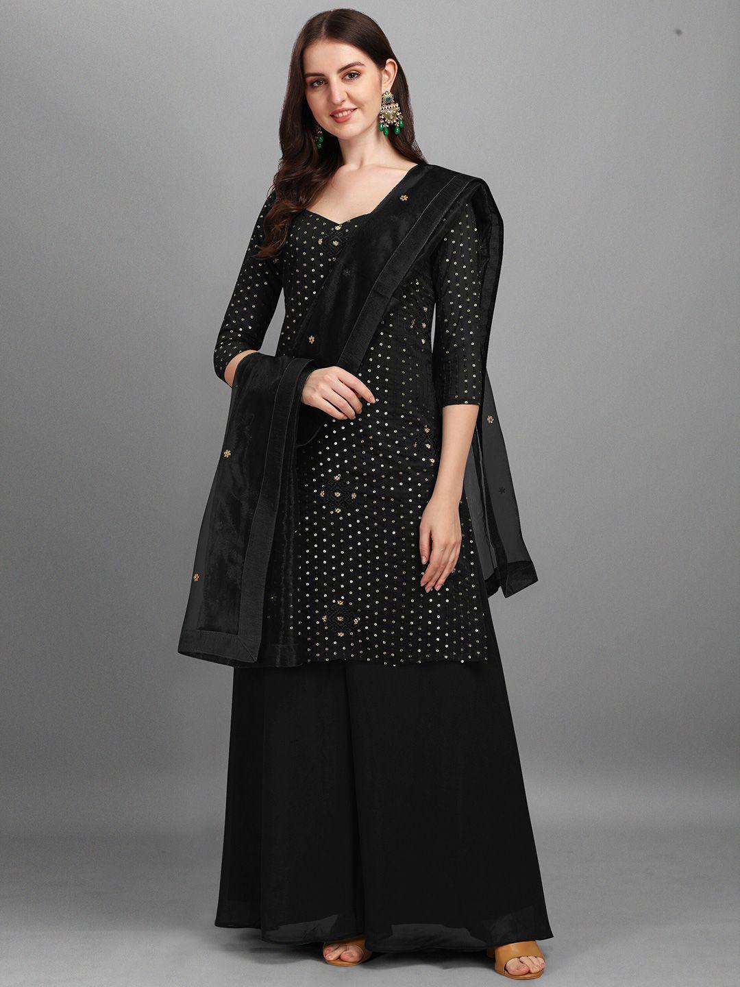 ethnic yard women black & gold-toned embroidered semi-stitched dress material