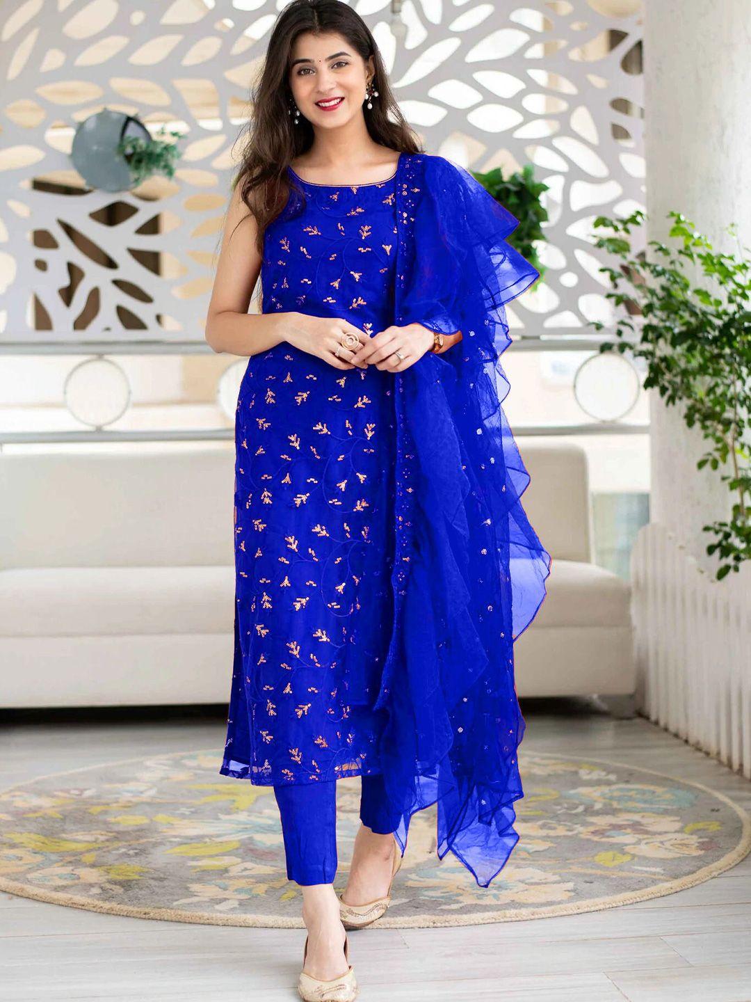 ethnic yard women blue & gold-toned embroidered semi-stitched dress material
