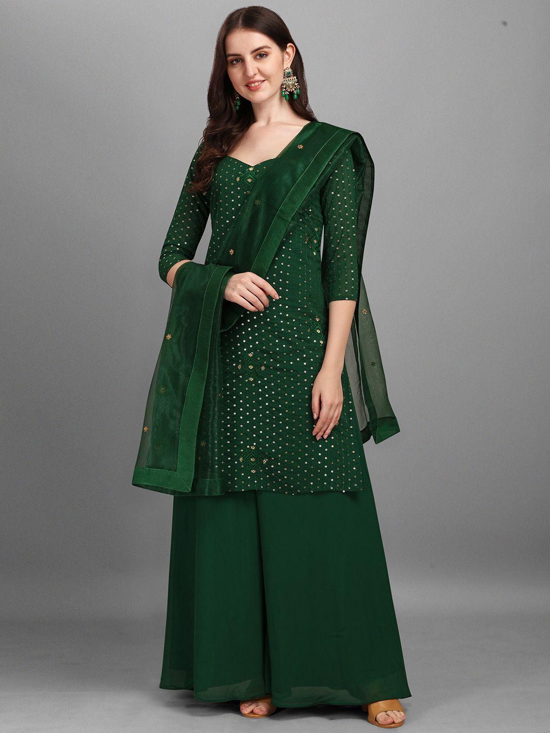 ethnic yard women green & gold-toned embroidered semi-stitched dress material
