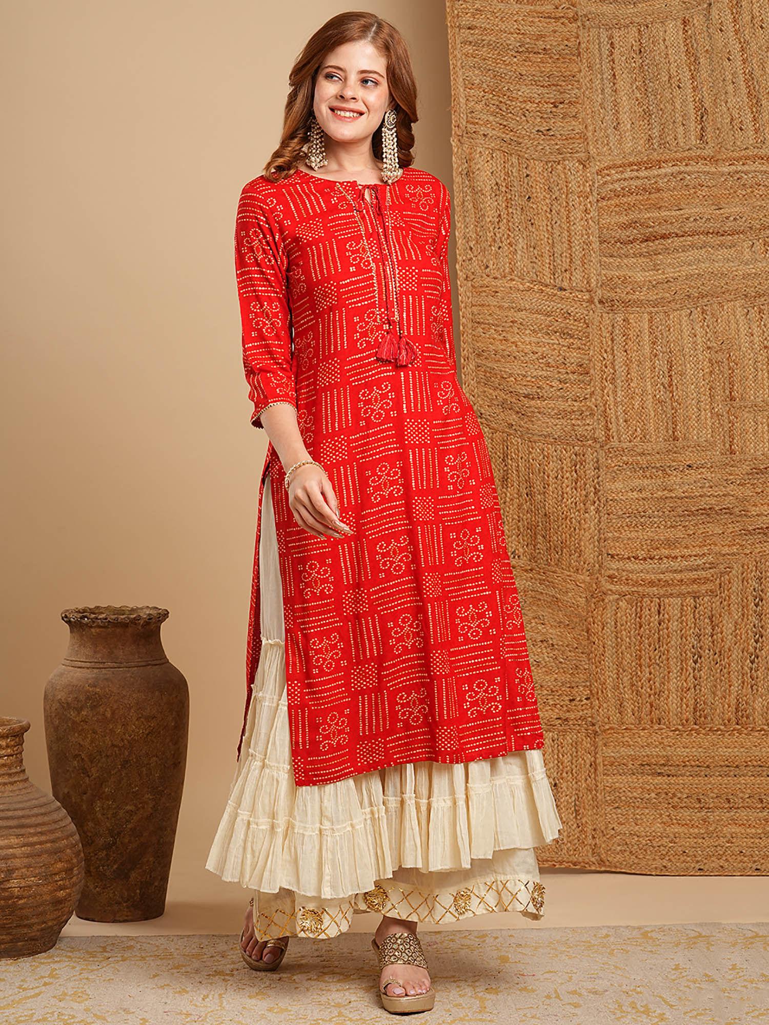 ethnic bandhani foil printed straight fit kurta- red