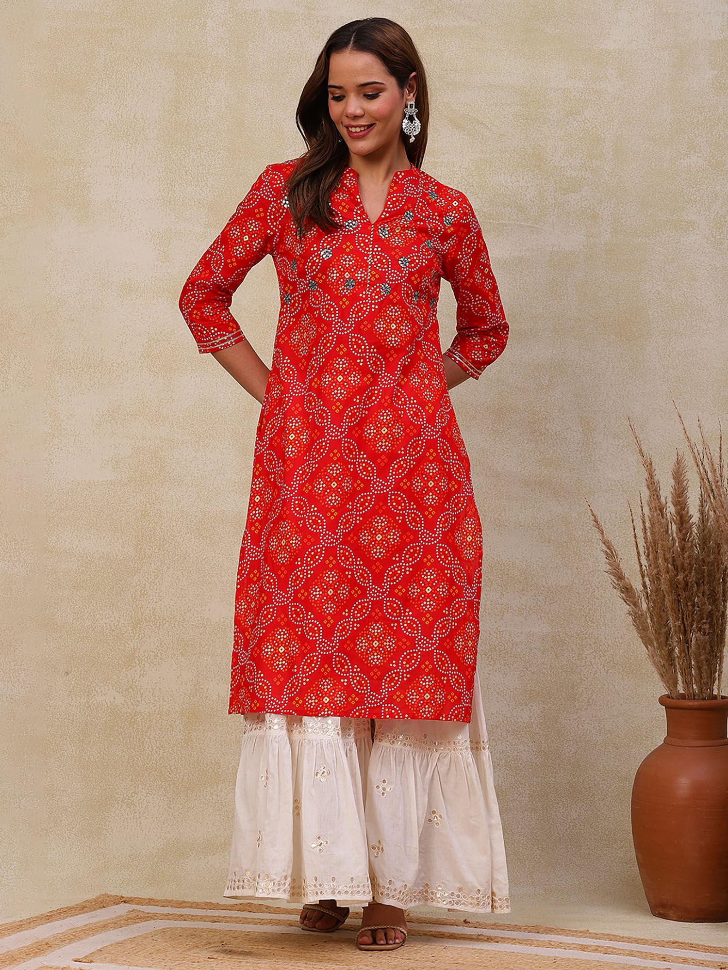 ethnic bandhani printed embroidered kurta - red