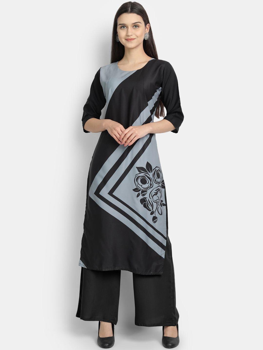 ethnic basket women black & grey floral crepe kurta