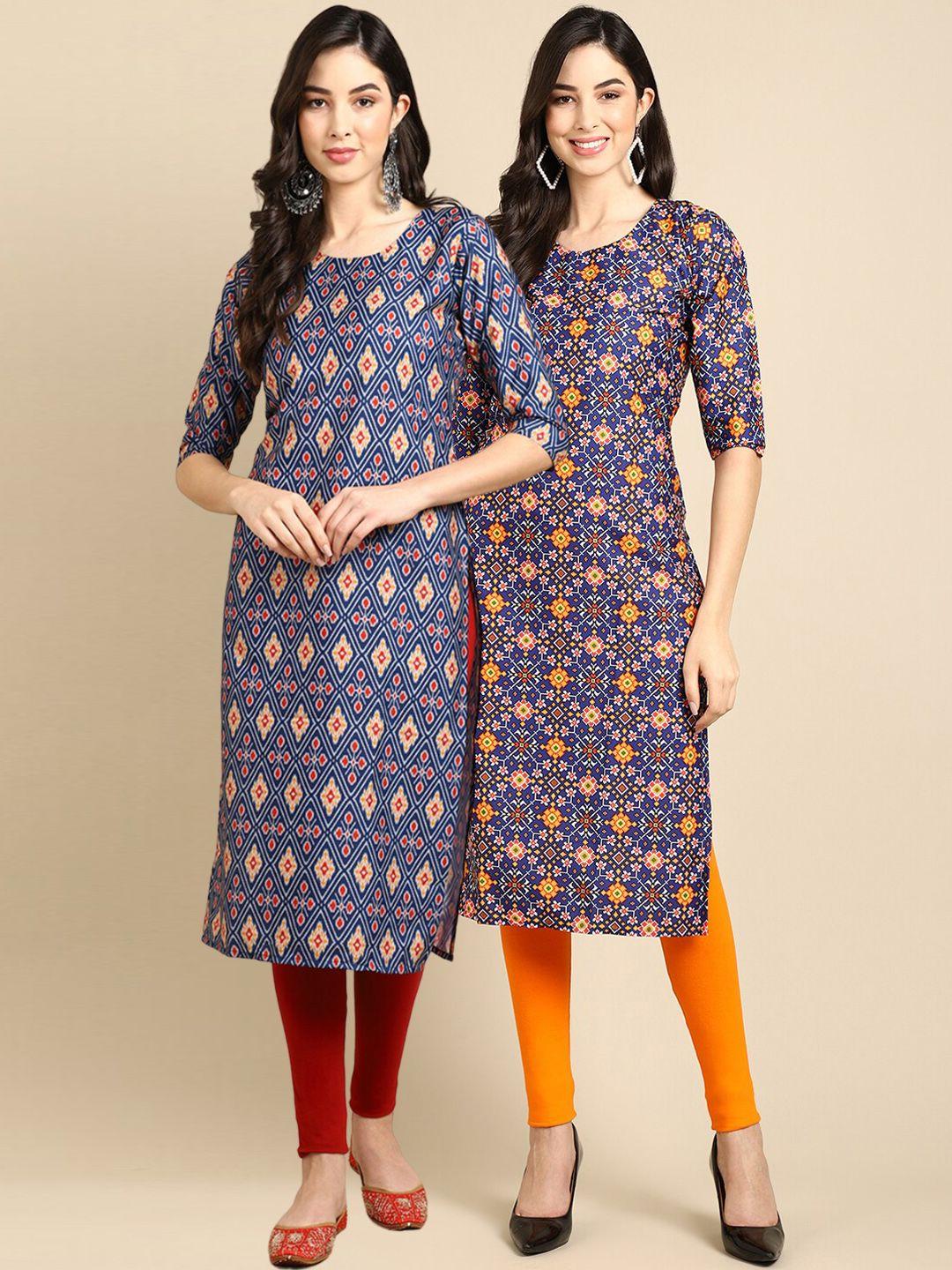 ethnic basket women blue & orange geometric printed block print crepe kurta pack of 2