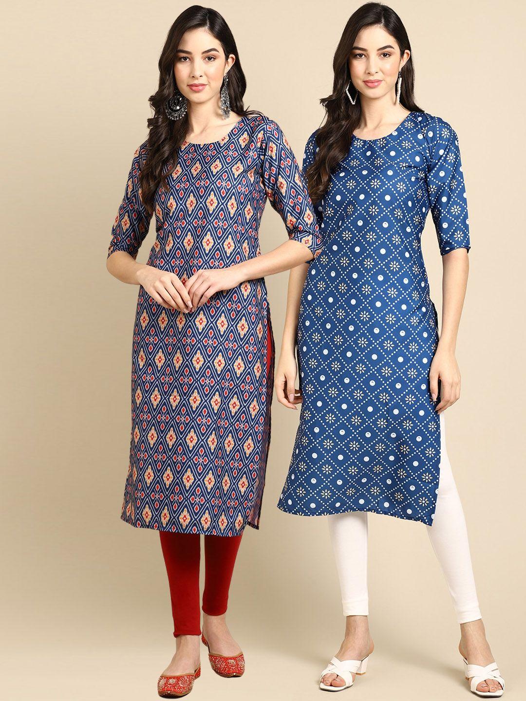 ethnic basket women blue & white geometric printed block print crepe kurta  pack of 2