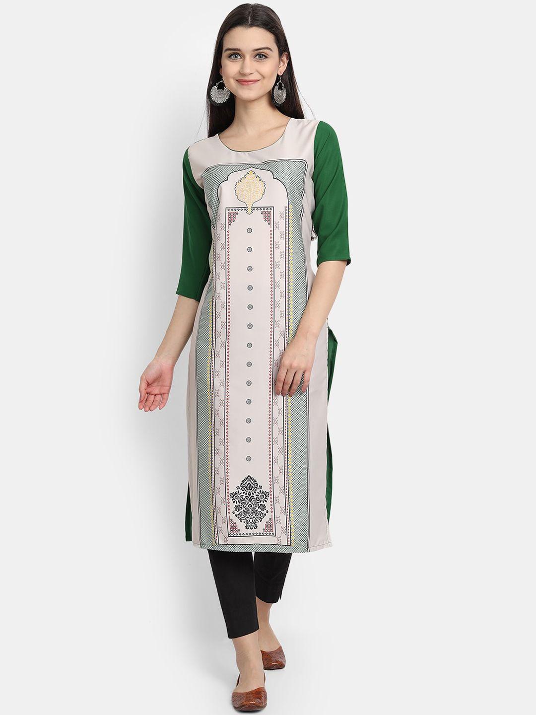 ethnic basket women off white & green ethnic motifs printed straight kurta