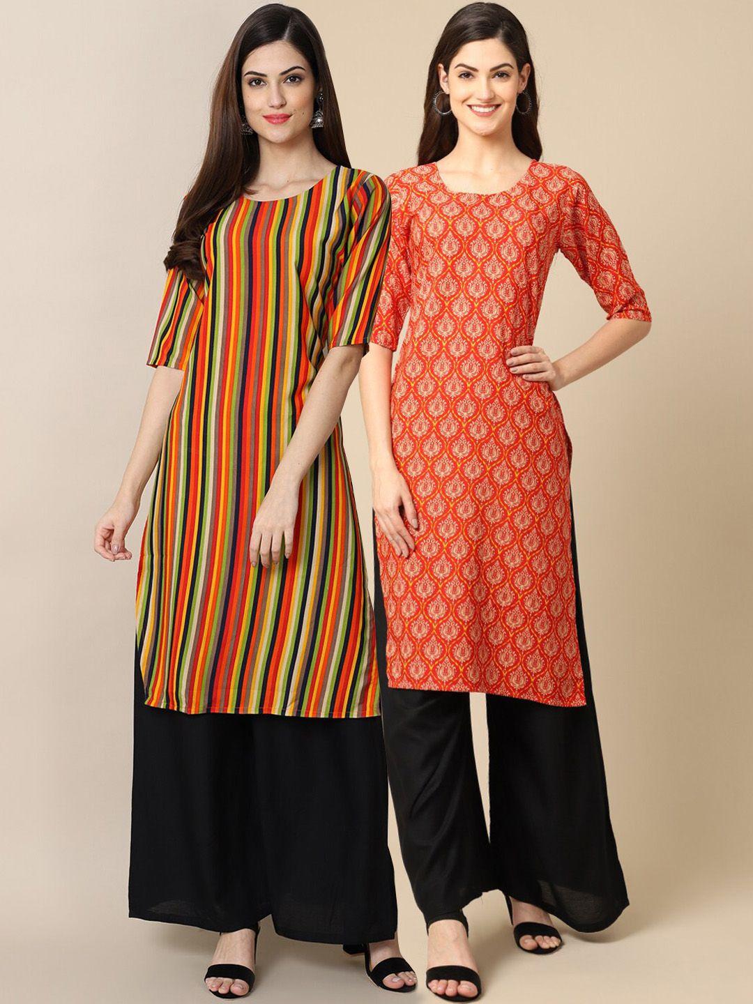 ethnic basket women orange & red pack of 2 geometric printed crepe kurta