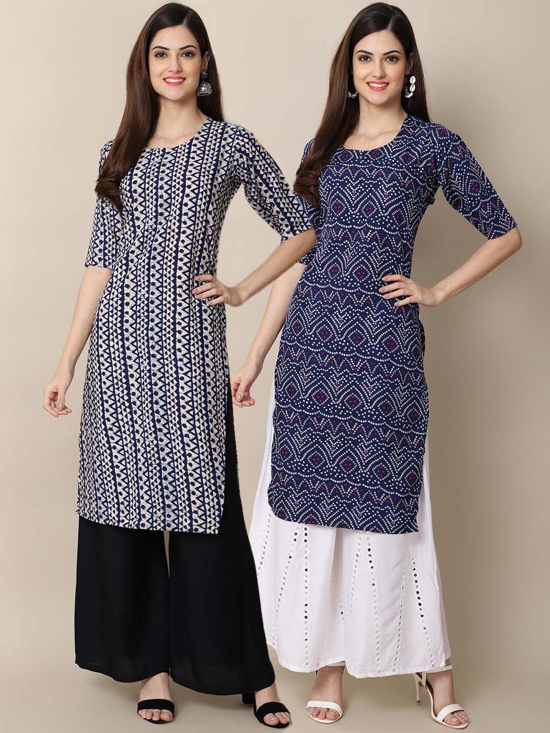 ethnic basket women pack of 2 blue & white geometric printed block print crepe kurta