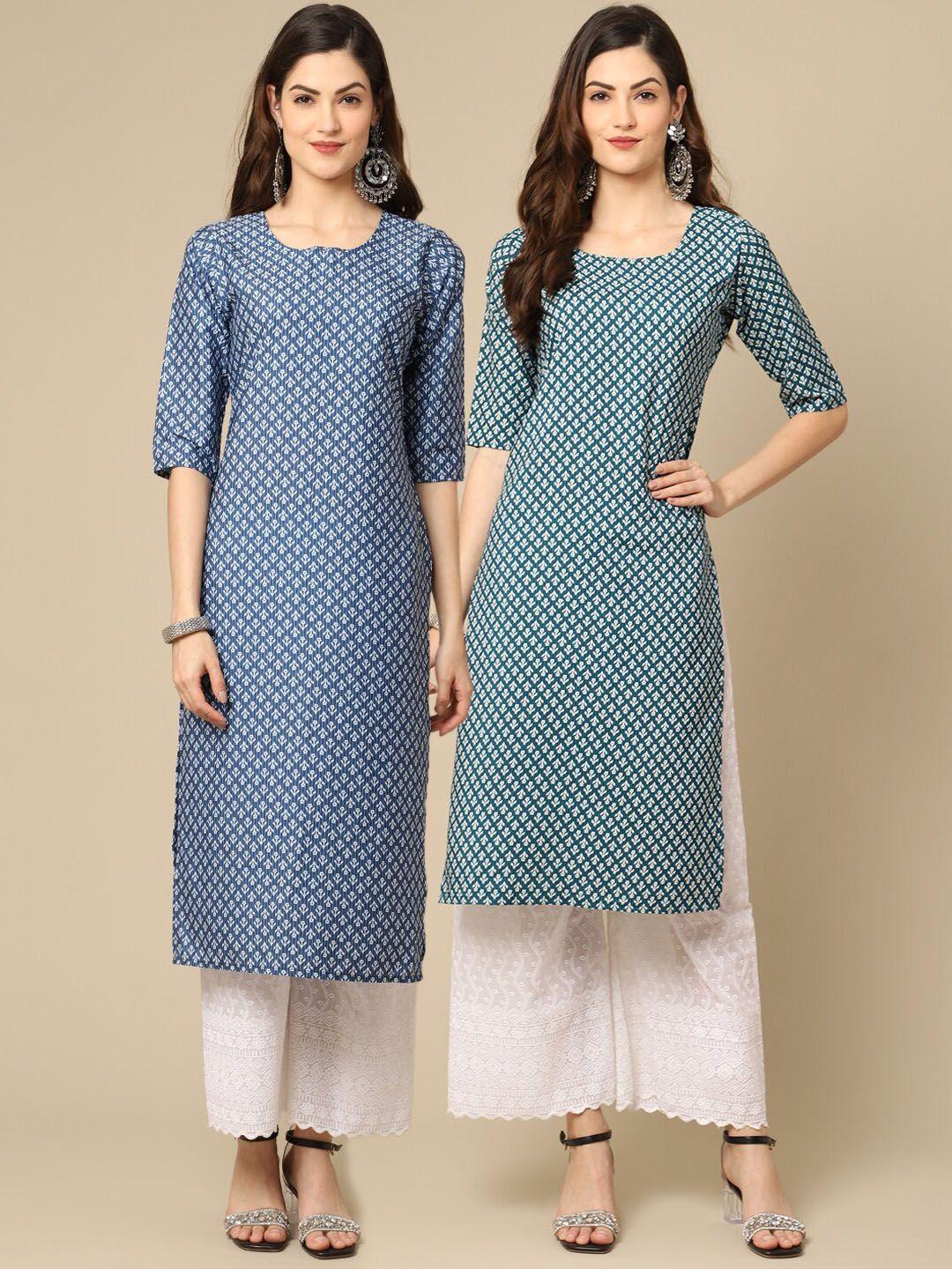 ethnic basket women pack of 2 blue geometric printed crepe kurta