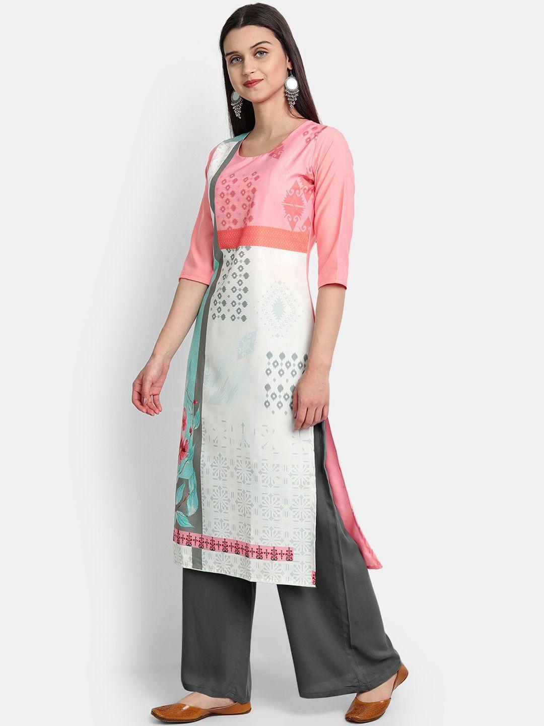 ethnic basket women pink & white geometric printed crepe kurta