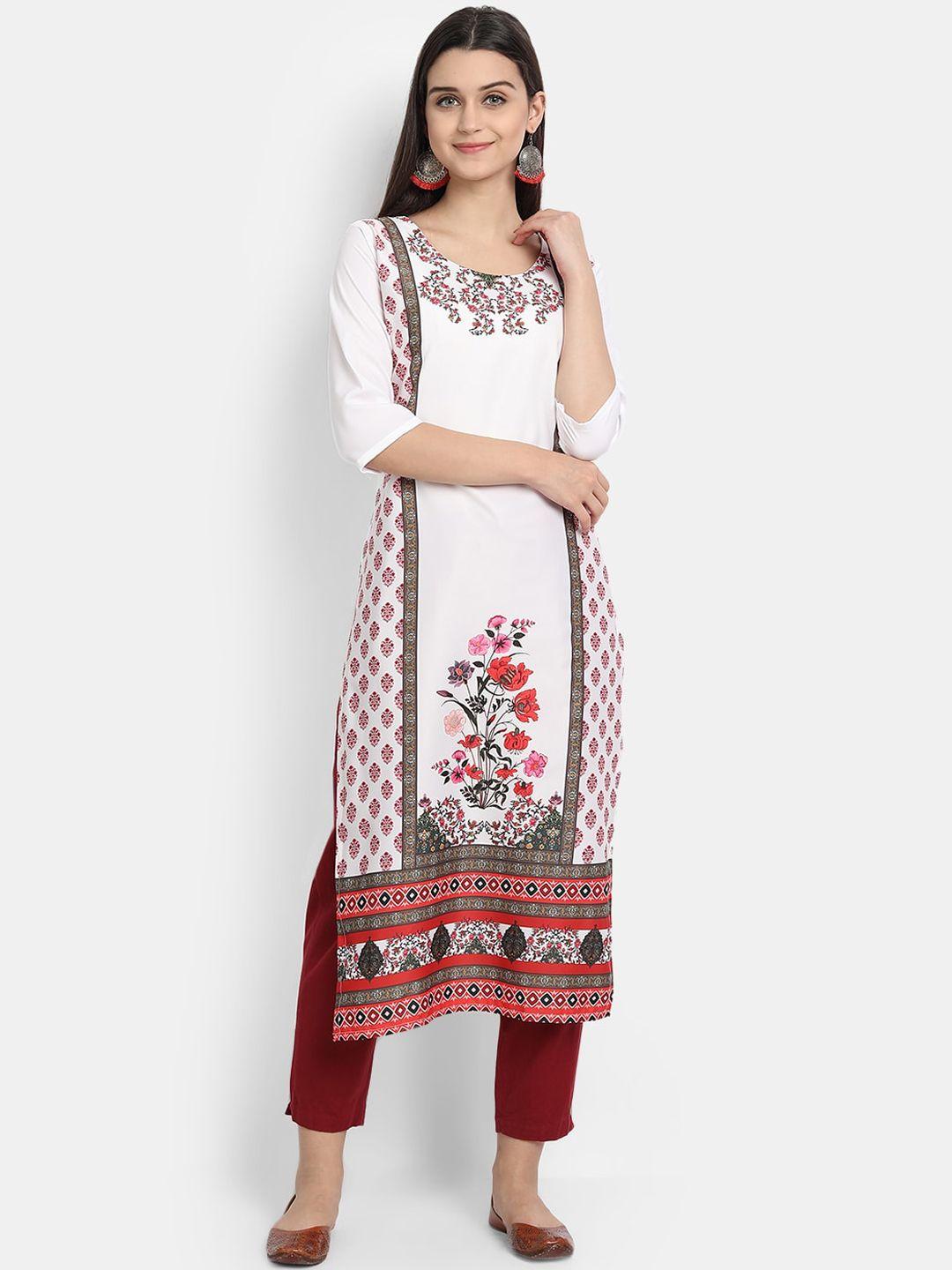 ethnic basket women white floral printed thread work crepe kurta