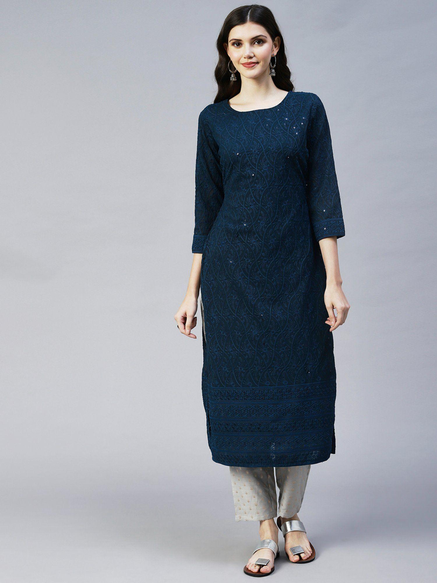 ethnic chikankari embroidered straight fit kurta teal blue