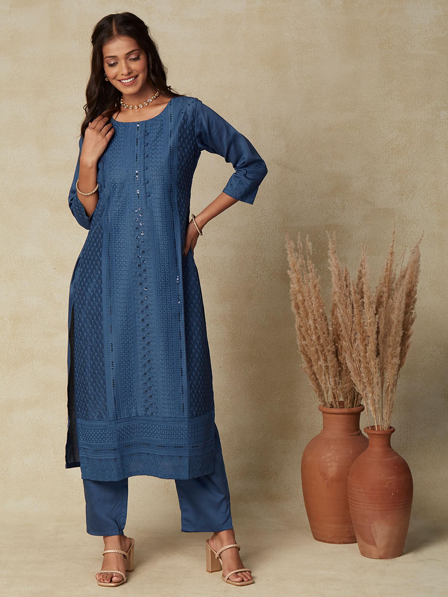 ethnic chinkara embroidered straight fit kurta teal blue