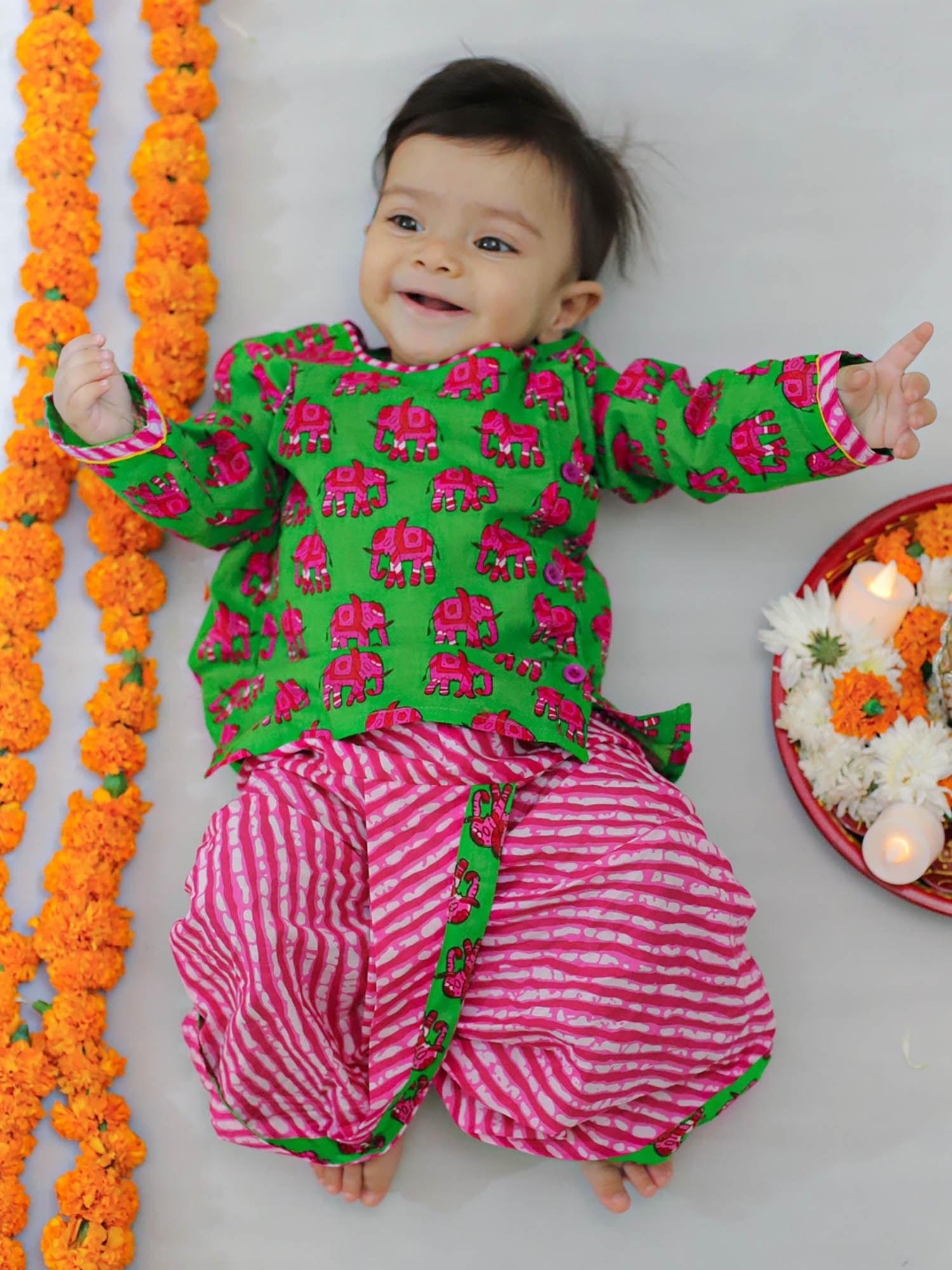 ethnic dhoti kurta for new born baby boy-green (set of 2)