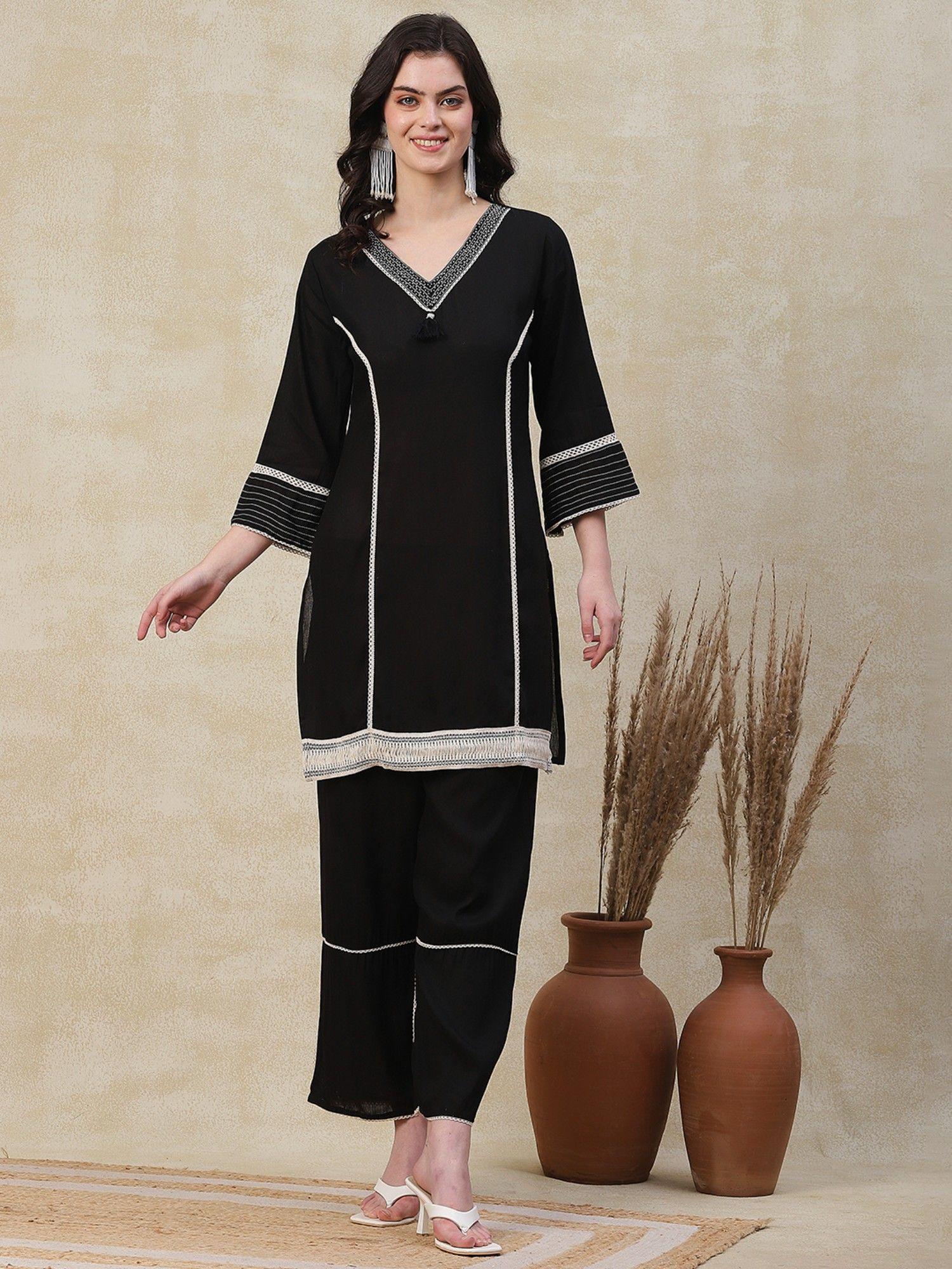 ethnic embroidered kurta with palazzo - black (set of 2)