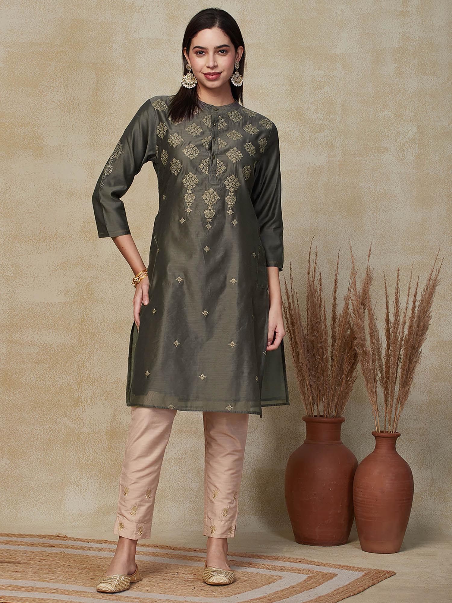 ethnic embroidered straight fit kurta - grey