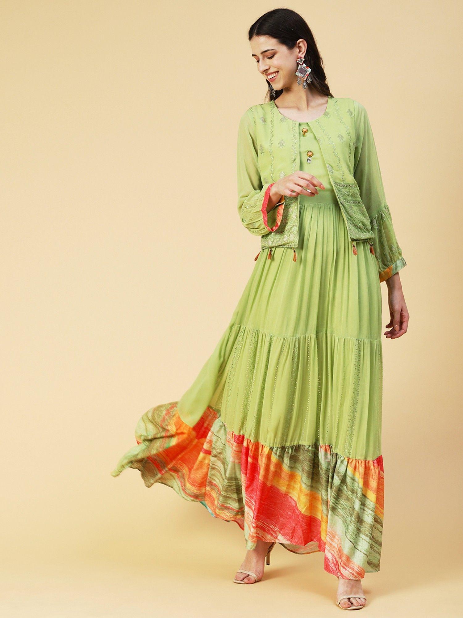 ethnic embroidered tiered fit and flare maxi dress - green