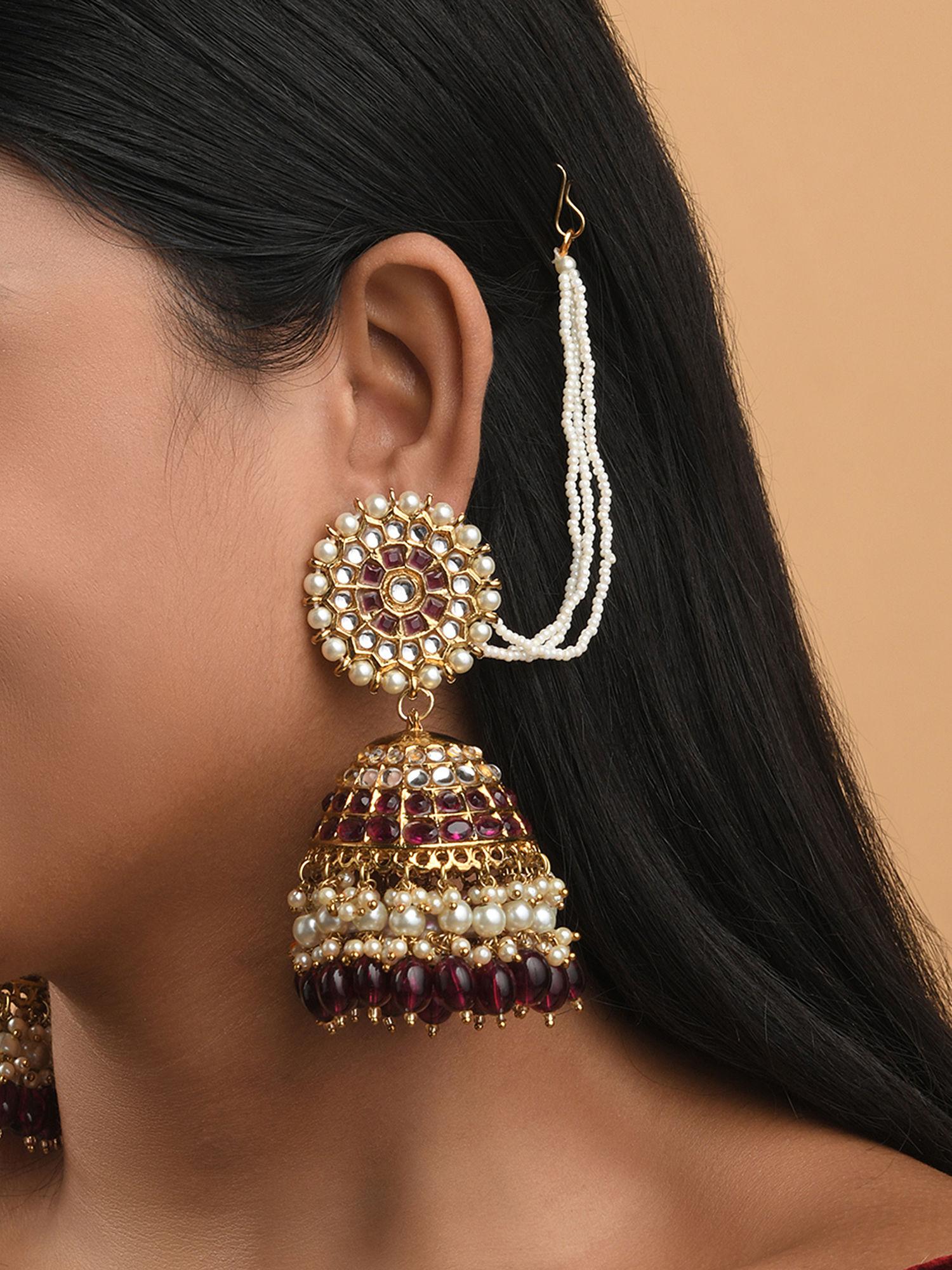 ethnic ethnic gold plated rani pink beads kundan pearl jhumka earring for women