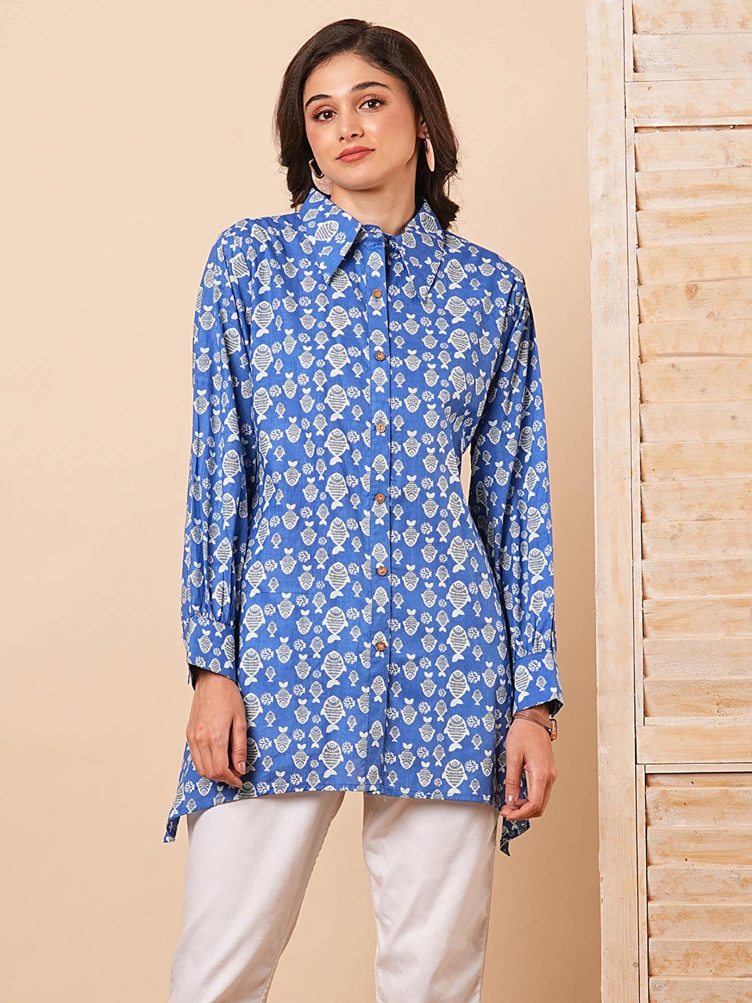 ethnic fish motif printed a-line cotton shirt - blue