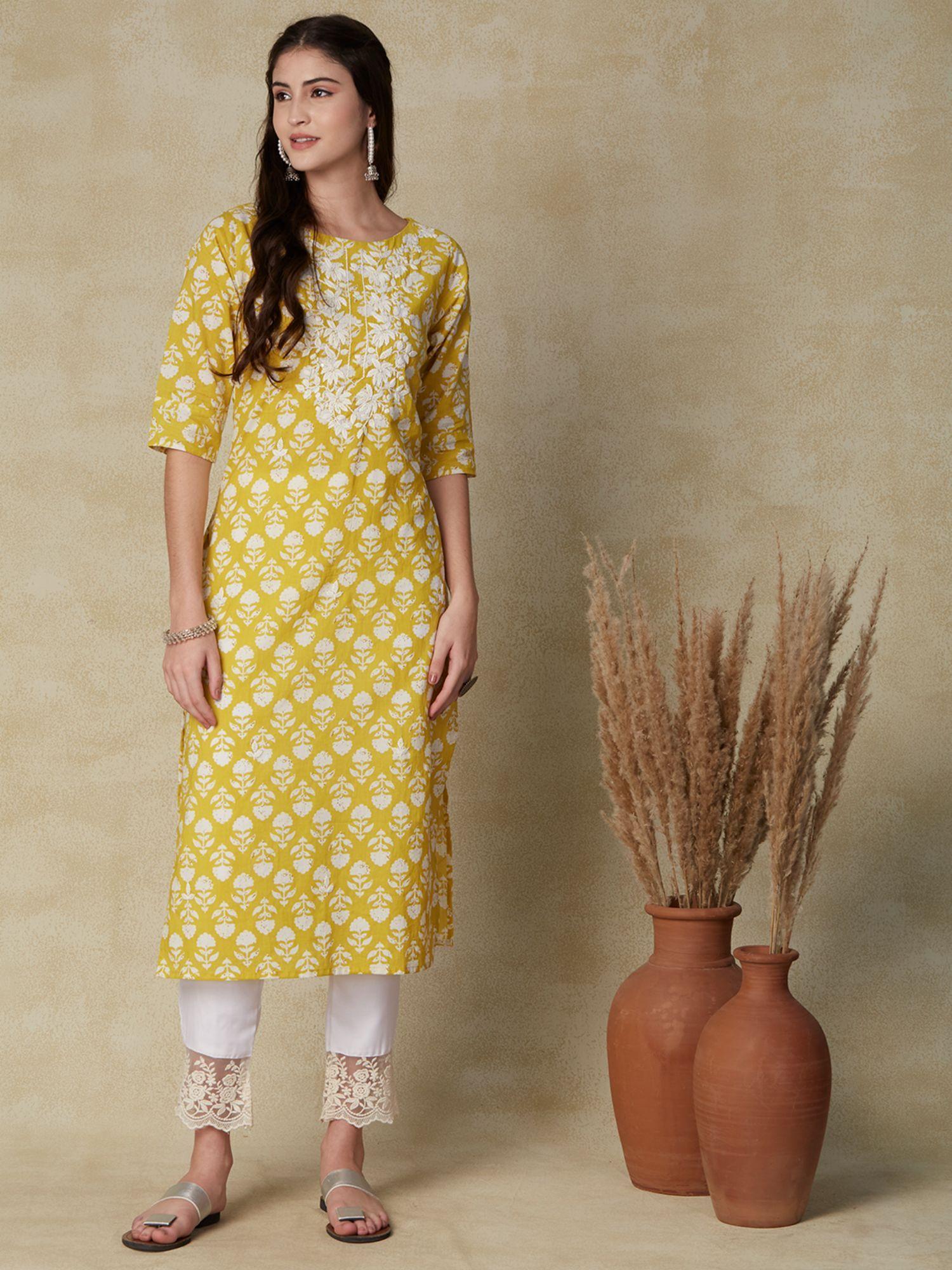 ethnic floral & chikankari embroidered straight fit kurta - yellow