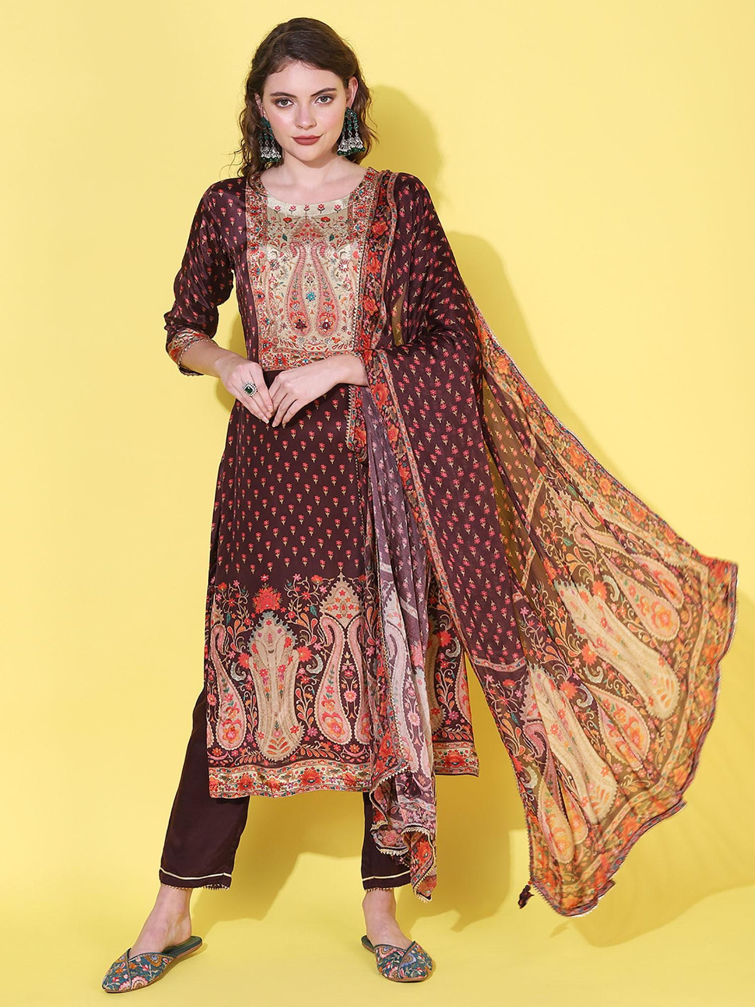 ethnic floral & embroidered straight kurta with pant & dupatta - brown (set of 3)