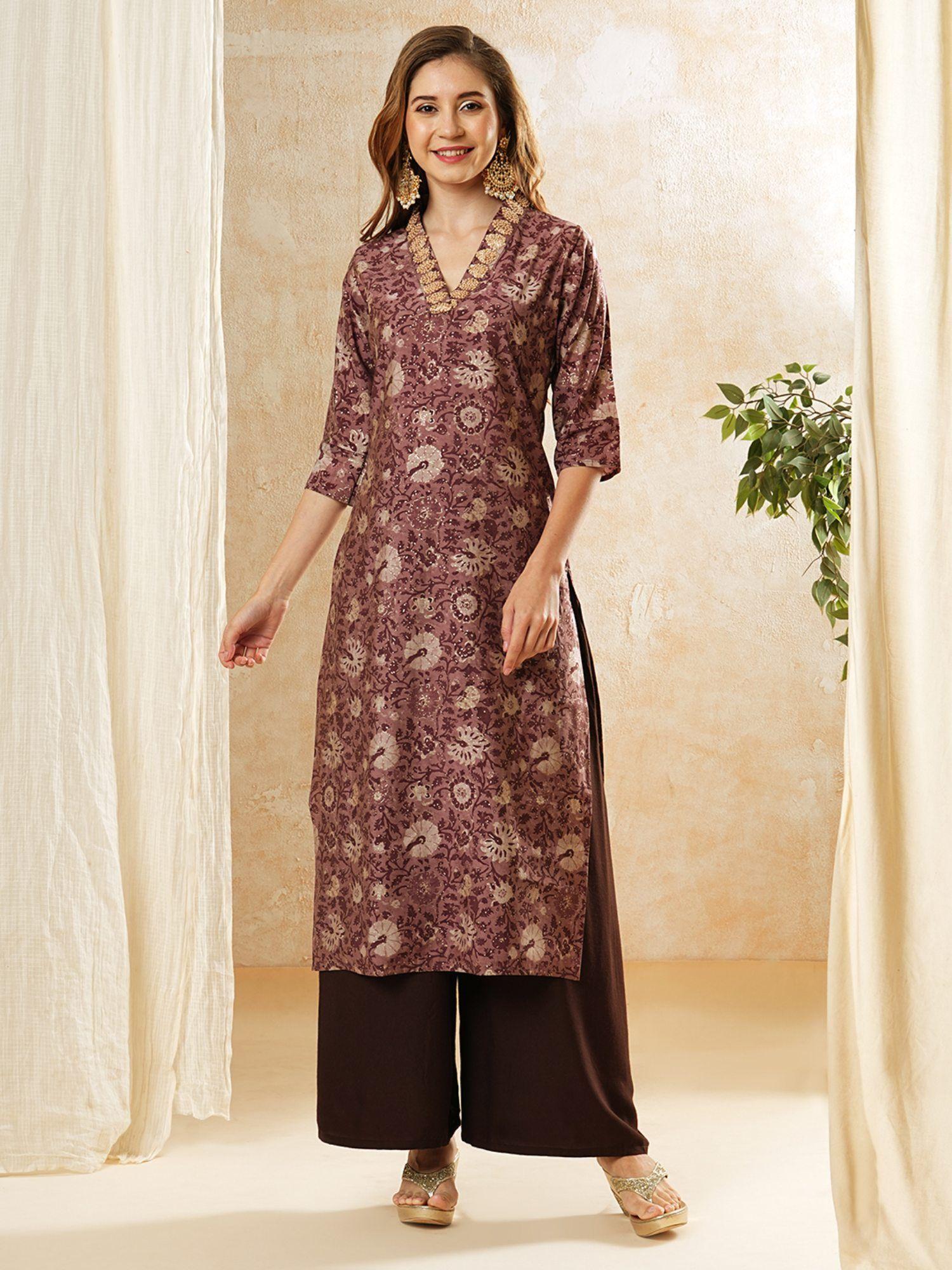 ethnic floral foil printed & embroidered kurta - mauve