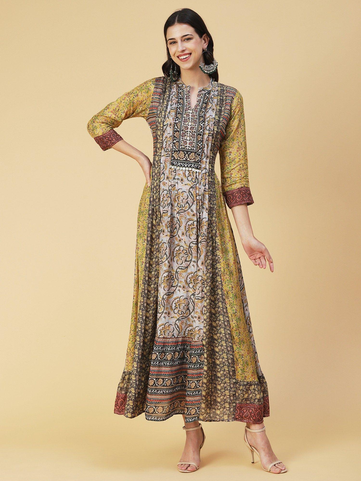 ethnic floral printed & embroidered a-line maxi dress - multi